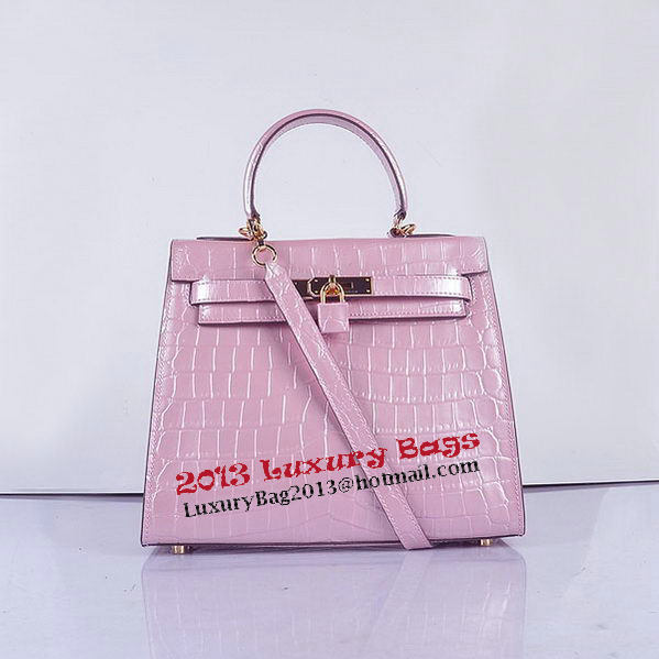 Hermes Kelly 28cm Shoulder Bags Pink Croco Patent Leather Gold