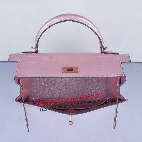 Hermes Kelly 28cm Shoulder Bags Pink Croco Patent Leather Gold