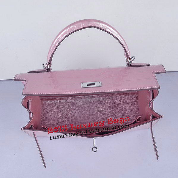 Hermes Kelly 28cm Shoulder Bags Pink Croco Patent Leather Silver
