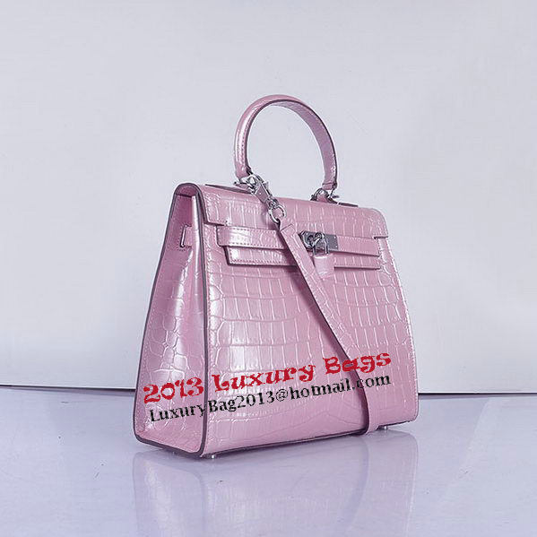 Hermes Kelly 28cm Shoulder Bags Pink Croco Patent Leather Silver