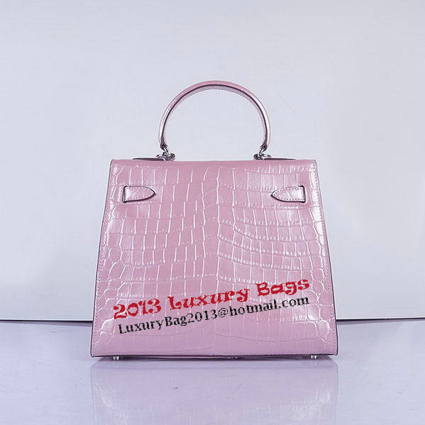 Hermes Kelly 28cm Shoulder Bags Pink Croco Patent Leather Silver