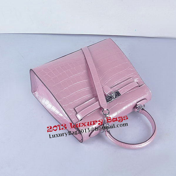 Hermes Kelly 28cm Shoulder Bags Pink Croco Patent Leather Silver