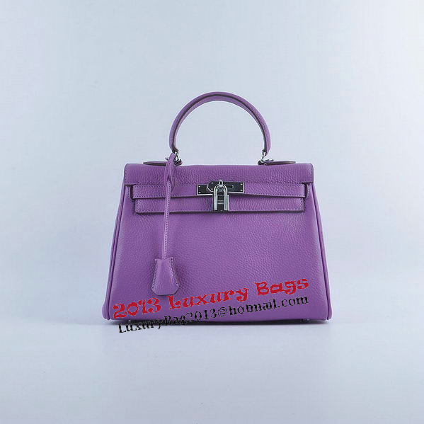 Hermes Kelly 28cm Shoulder Bags Purple Grainy Leather Silver