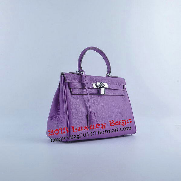 Hermes Kelly 28cm Shoulder Bags Purple Grainy Leather Silver