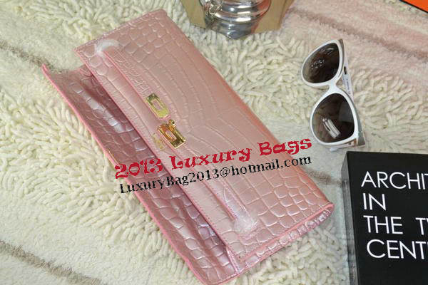 Hermes Kelly Clutch Bag Croco Leather K31 Light Pink