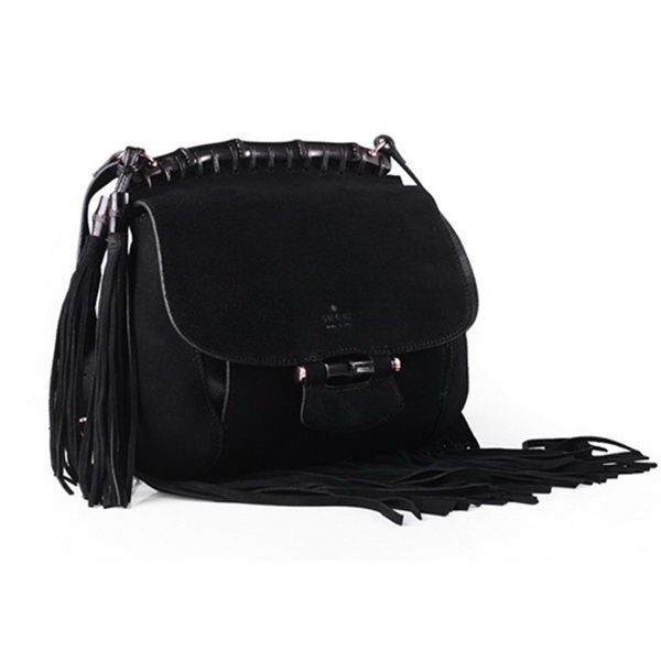 Gucci Nouveau Fringe Suede Leather Shoulder Bag 347102 Black