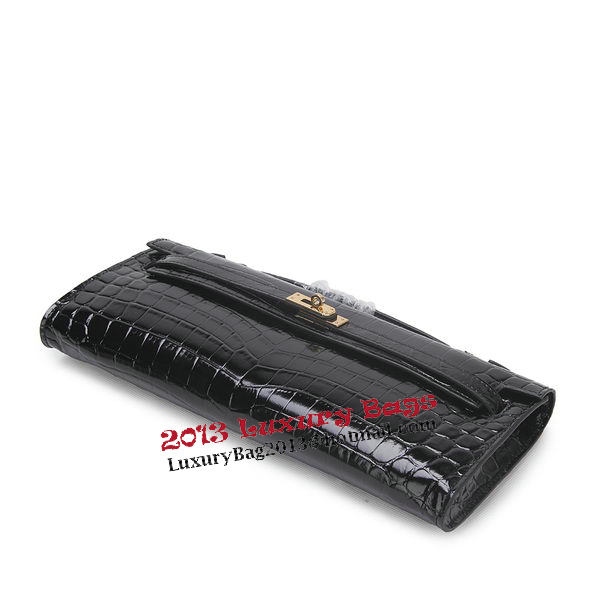 Hermes Kelly Clutch Bag Croco Leather K1002 Black