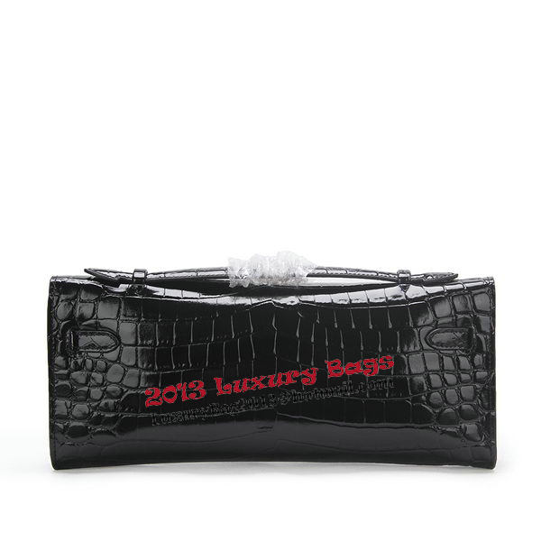 Hermes Kelly Clutch Bag Croco Leather K1002 Black