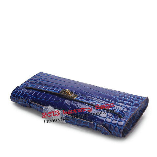 Hermes Kelly Clutch Bag Croco Leather K1002 Blue