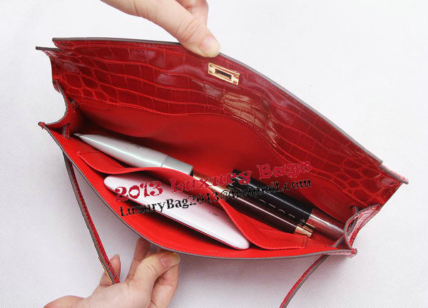 Hermes Kelly Clutch Bag Croco Leather K1002 Red