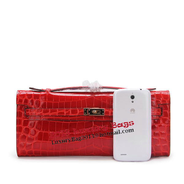 Hermes Kelly Clutch Bag Croco Leather K1002 Red