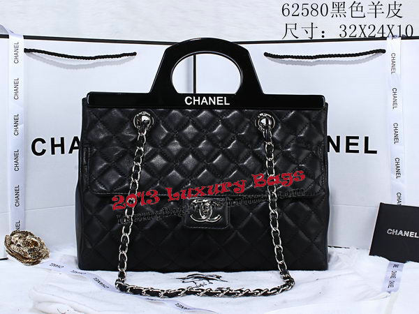 Chanel Shopping Bag Sheepskin Leather Rigid Handles A62580 Black