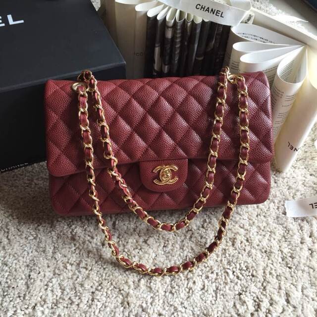 Top Quality Chanel Classic A36070 Burgundy Original Grain Leather Large Flap Bag Golden