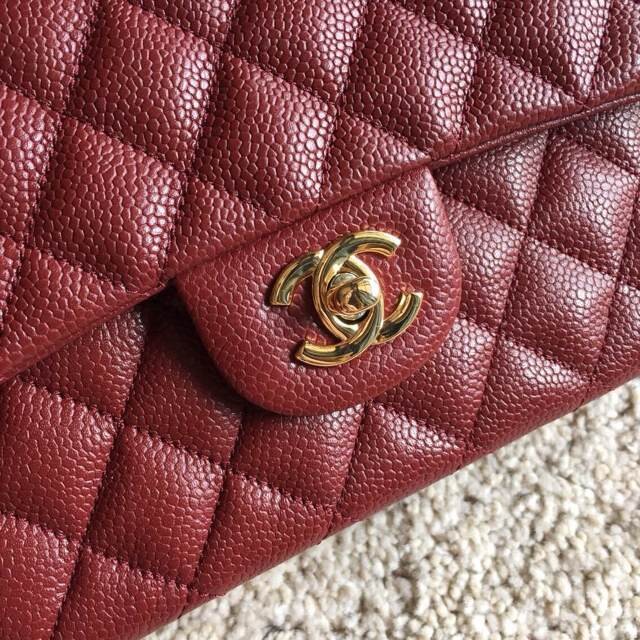 Top Quality Chanel Classic A36070 Burgundy Original Grain Leather Large Flap Bag Golden