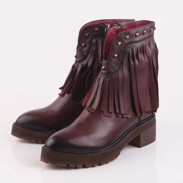 Valentino Tassels Calfskin Leather Ankle Boot VT204 Burgundy