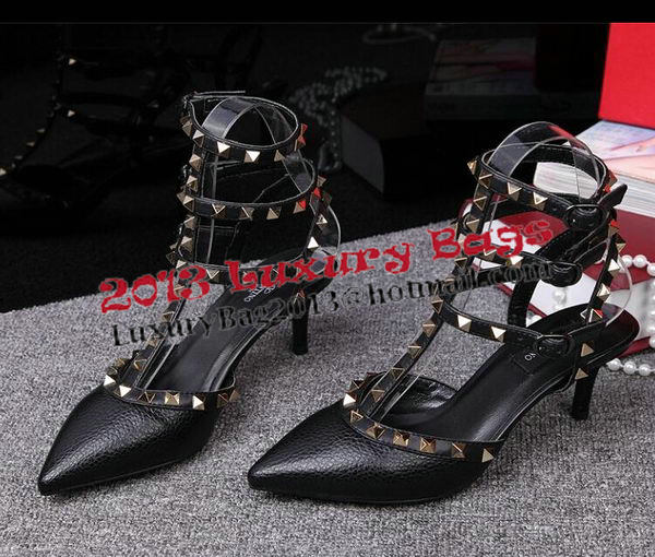 Valentino Litchi Leather Rivet 65mm Sandal VT246YZM Black