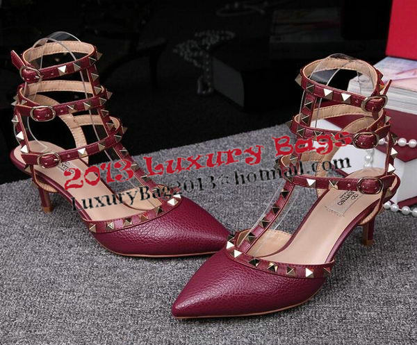 Valentino Litchi Leather Rivet 65mm Sandal VT246YZM Burgundy