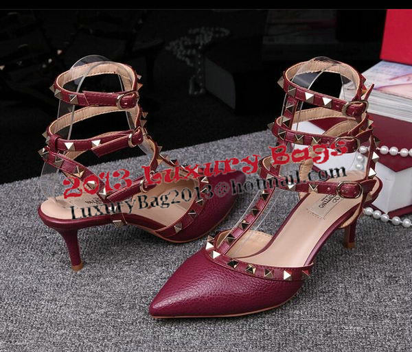 Valentino Litchi Leather Rivet 65mm Sandal VT246YZM Burgundy