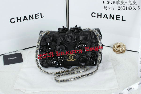 Chanel Classic Flap Camellia Bag Patent Leather A92676 Black