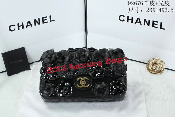 Chanel Classic Flap Camellia Bag Patent Leather A92676 Black