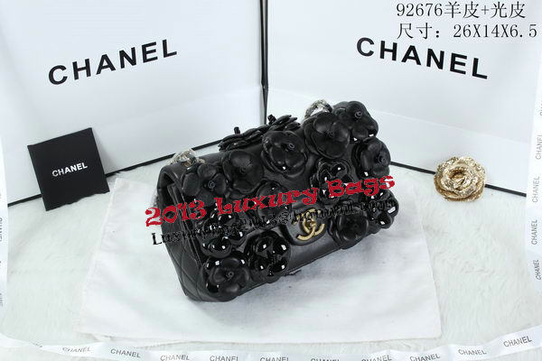 Chanel Classic Flap Camellia Bag Patent Leather A92676 Black