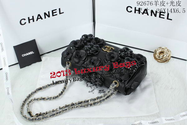 Chanel Classic Flap Camellia Bag Patent Leather A92676 Black