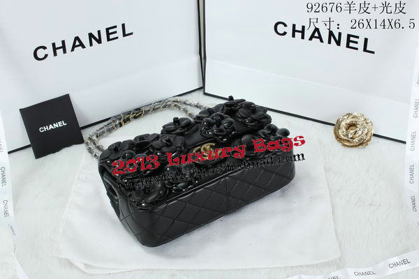 Chanel Classic Flap Camellia Bag Patent Leather A92676 Black