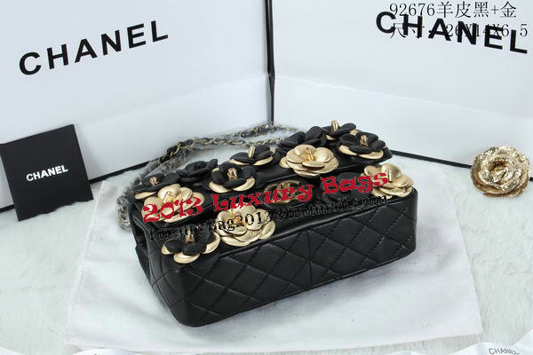 Chanel Classic Flap Camellia Bag Sheepskin Leather A92676 Black