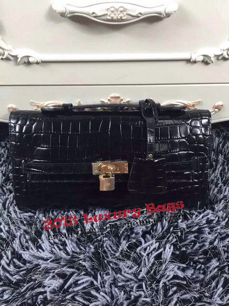 Hermes Kelly Clutch Bag Croco Leather K2651 Black