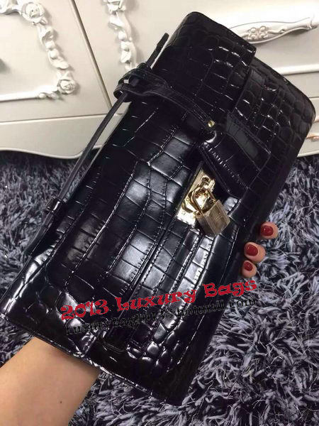 Hermes Kelly Clutch Bag Croco Leather K2651 Black