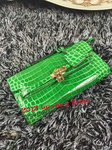 Hermes Kelly Clutch Bag Croco Leather K2651 Green