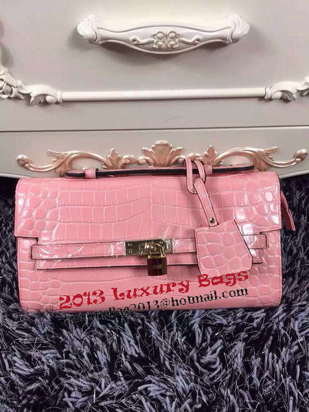 Hermes Kelly Clutch Bag Croco Leather K2651 Light Pink