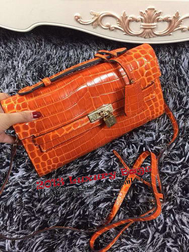 Hermes Kelly Clutch Bag Croco Leather K2651 Orange