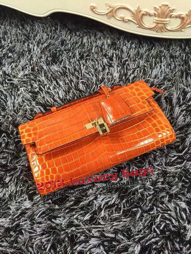 Hermes Kelly Clutch Bag Croco Leather K2651 Orange