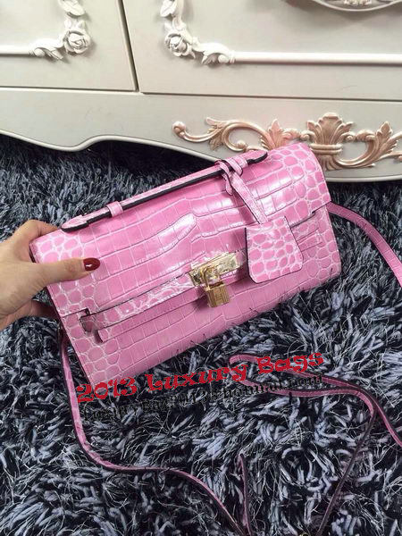 Hermes Kelly Clutch Bag Croco Leather K2651 Pink