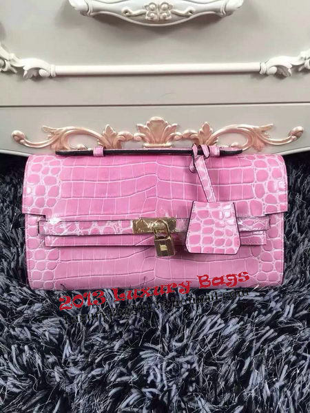 Hermes Kelly Clutch Bag Croco Leather K2651 Pink