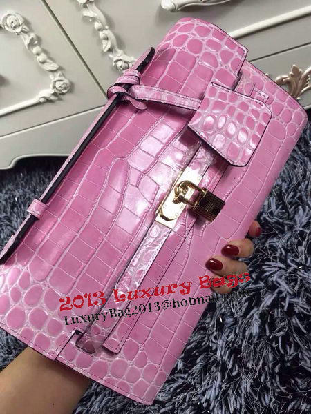 Hermes Kelly Clutch Bag Croco Leather K2651 Pink