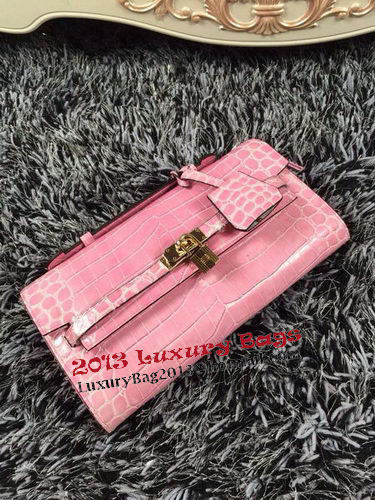 Hermes Kelly Clutch Bag Croco Leather K2651 Pink