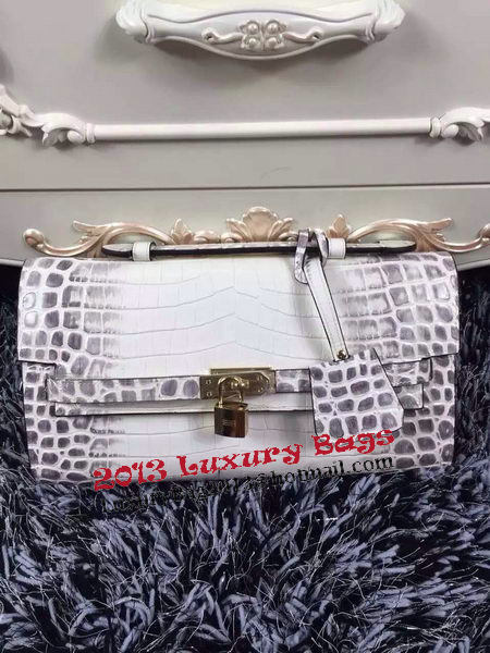 Hermes Kelly Clutch Bag Croco Leather K2651 White&Grey