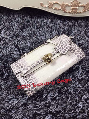 Hermes Kelly Clutch Bag Croco Leather K2651 White&Grey