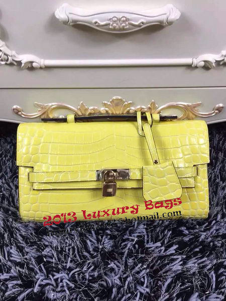 Hermes Kelly Clutch Bag Croco Leather K2651 Yellow