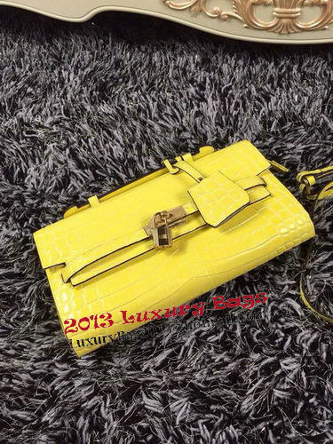 Hermes Kelly Clutch Bag Croco Leather K2651 Yellow