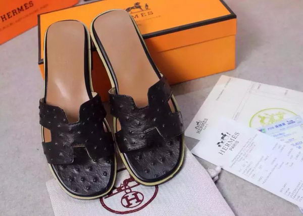 Hermes Slipper Ostrich Leather HO0486 Black