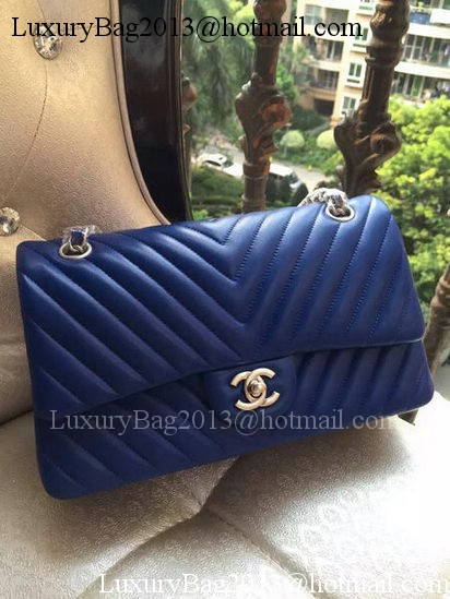 Chanel 2.55 Series Flap Bag Blue Lambskin Chevron Leather A01112 Silver