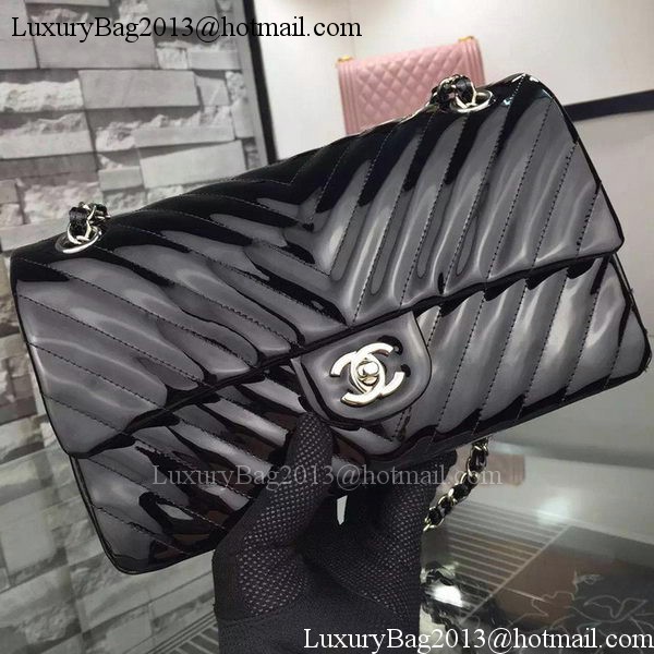 Chanel 2.55 Series Flap Bag Black Patent Chevron Leather A5023 Silver