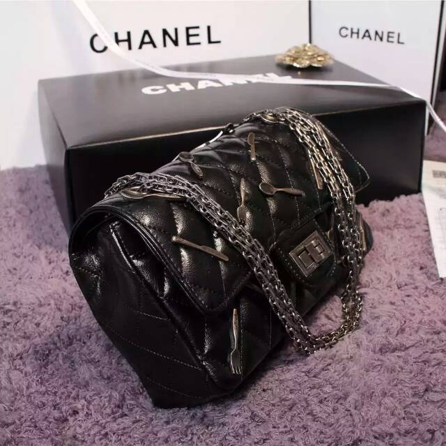 New Chanel 2.55 Series Flap Bag Black A1112 Silver