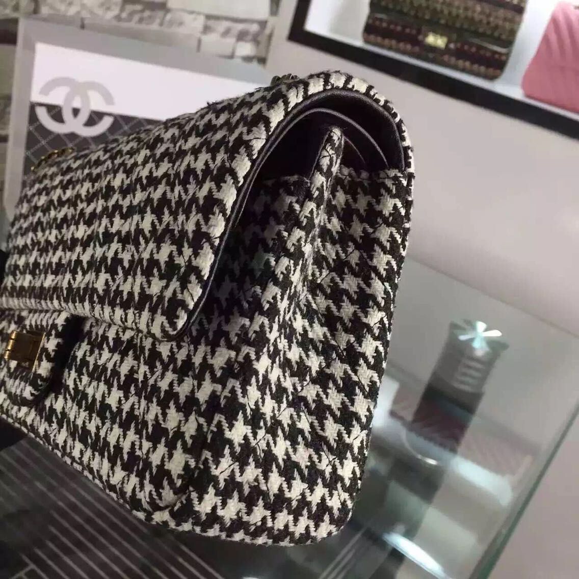 Chanel 2.55 Series Flap Bag Original Fabric A1112 White Grid