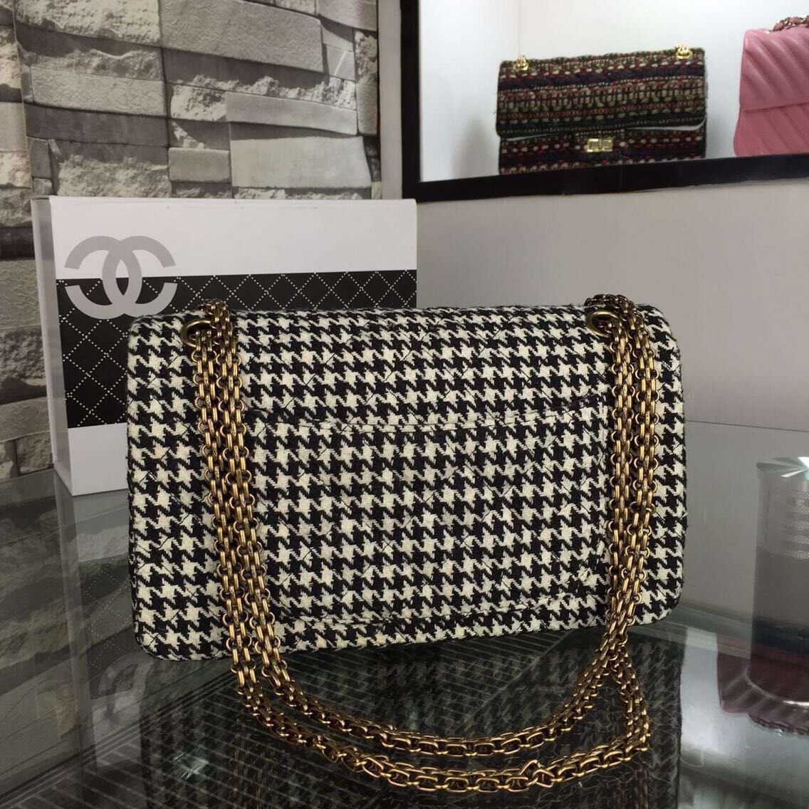 Chanel 2.55 Series Flap Bag Original Fabric A1112 White Grid