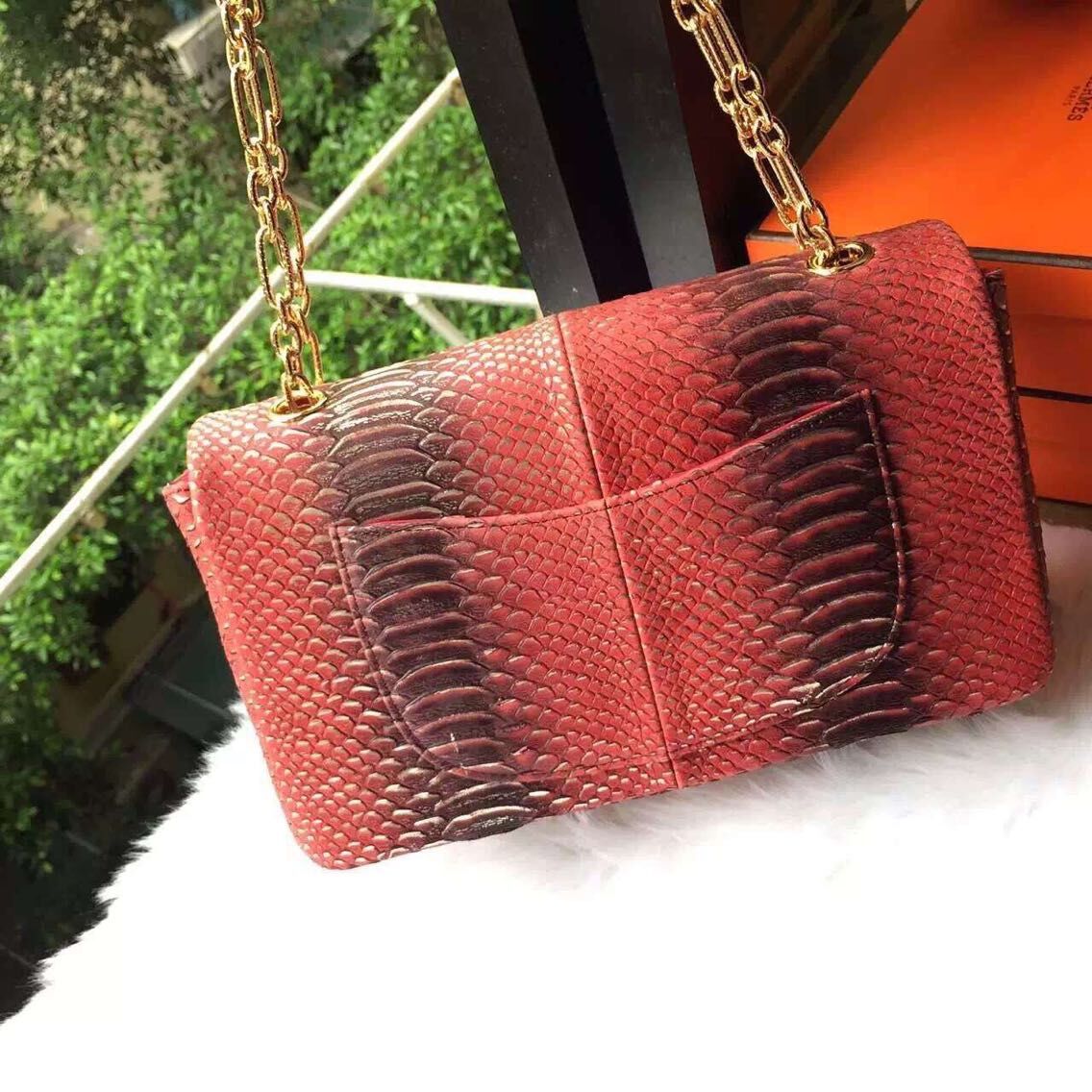 Chanel 2.55 Series Flap Bags Original Snake Leather A1112 Red