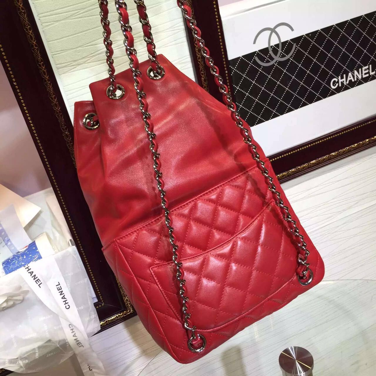 Chanel Sheepskin Leather Backpack 15ss Red